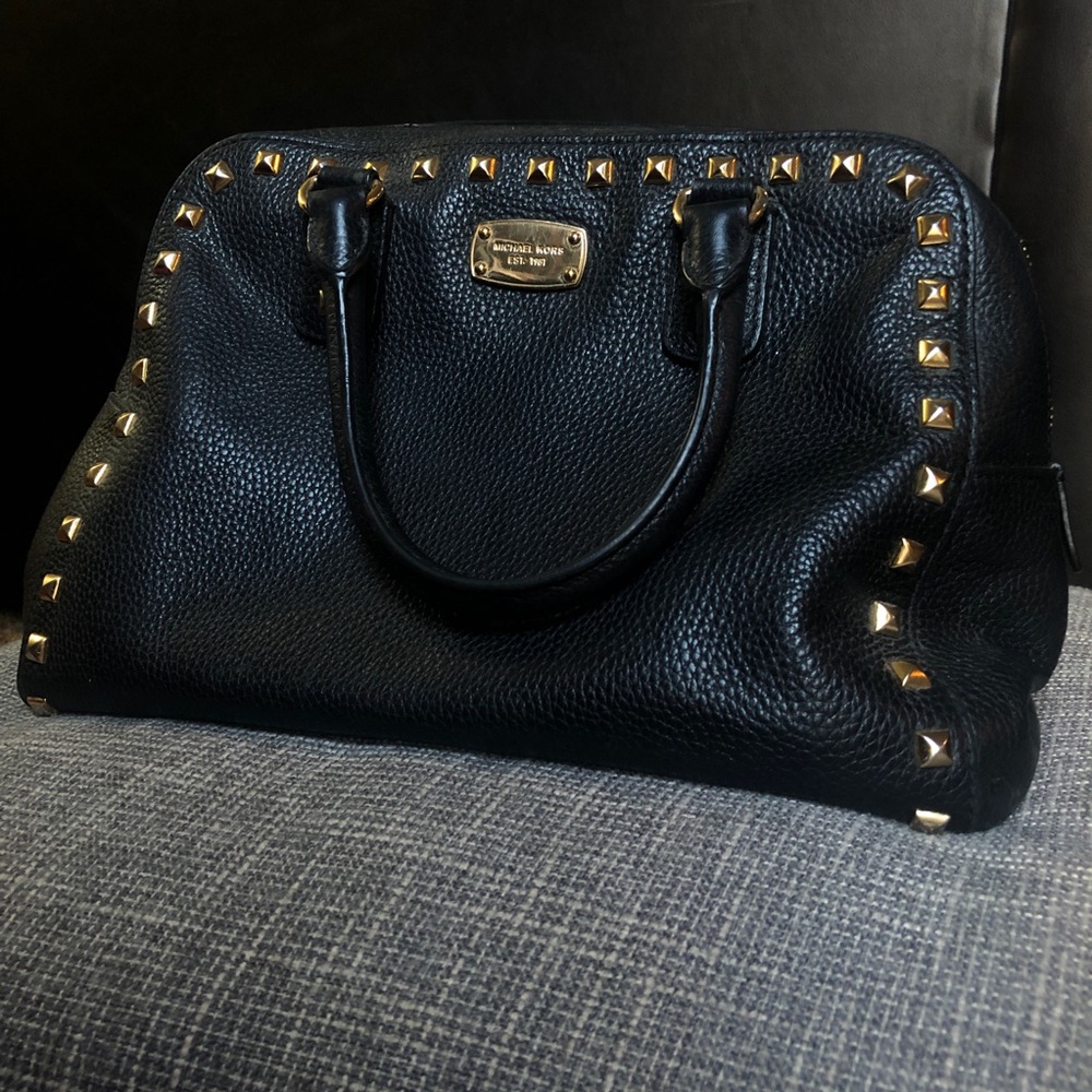 MICHAEL KORS Gold Studded Black Leather Bag